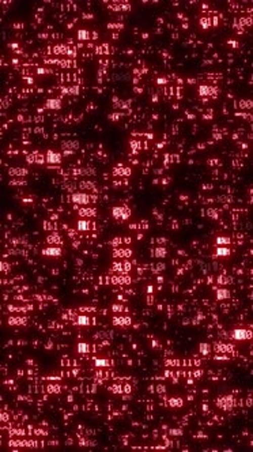 Red Glitch Binary Code Vertical Flowing Background