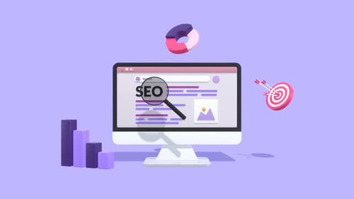 Moniteur animé avec animation de concepts de référencement et de marketing numérique.