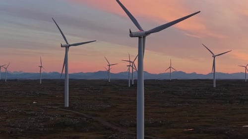 Wind farm in Norway produces sustainable energy, drone footage