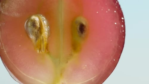 Half of a black grape with seeds inside, water dripping on it, against the blue sky, close-up.