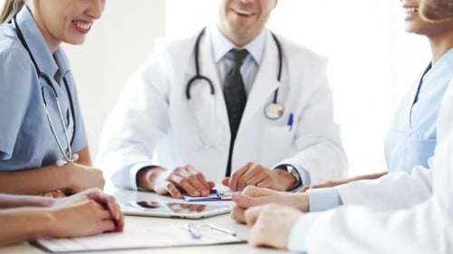 Hospital, Profession, People, Teamwork and Medicine Concept - Group of Happy Doctors