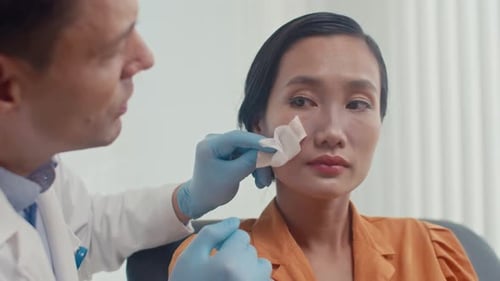 Doctor Cleans Woman's Face in Medical Office