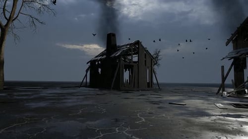Wooden House Damaged in the Earthquake and Birds Flying Over it