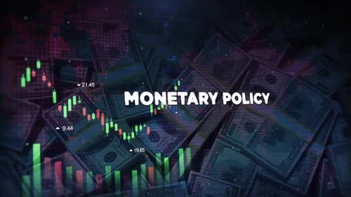 Monetary Policy Words On Economic Background With Decrease Bar Chart Graph And Arrow