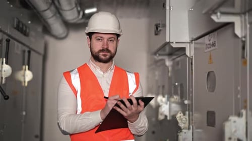 Electrical Engineer Inspects and Takes Notes on an Electrical Switchboard in an Industrial Factory