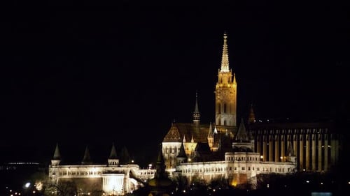 Budapest city (Hungary capital) center view and Danube river at night, gothic architecture, light re