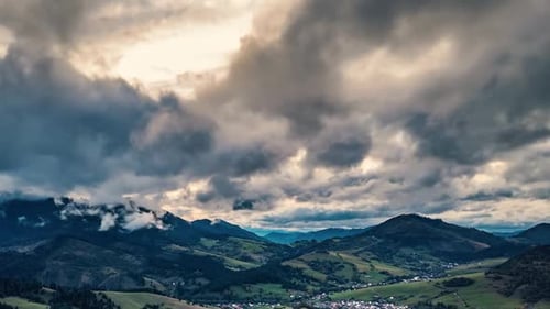 Panorama Of Dramatic Clouds Sky Above Europe Countryside Landscape Aerial Time Lapse