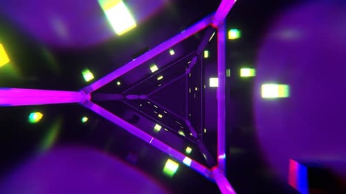 Purple And Light Green Abstract Triangular Corridor With Shimmering Cubes Background Vj Loop I 4K