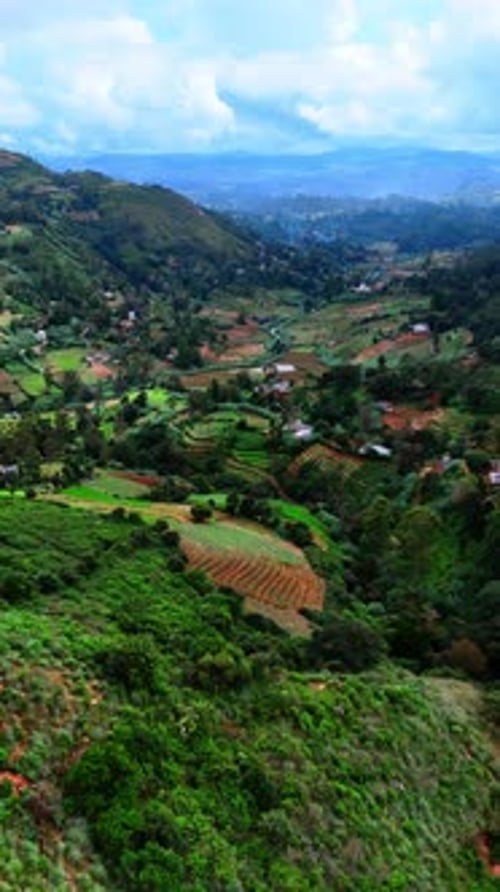 Amazing green valley among the mountains. Residential area and agricultural fields of Sri Lanka.