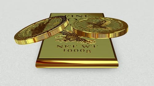 Dollar Coins and Gold Bar on White Paper, Bank Bullions, Precious Metals, Looped, Business