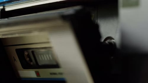 Retro Radio Tape Recorder Audio Cassette Playing Closeup Listening to Music Recording Studio Old