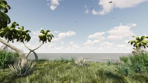 Animated Tropical Island Overlook with Palm Trees and Ocean