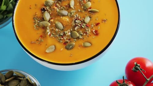 Delicious Creamy Pumpkin Soup with Pumpkin Seeds Cream and Greens