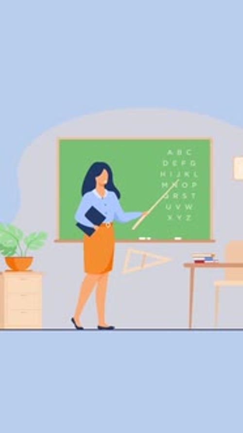 Young Female Teacher On Lesson At Blackboard In Classroom On Vertical