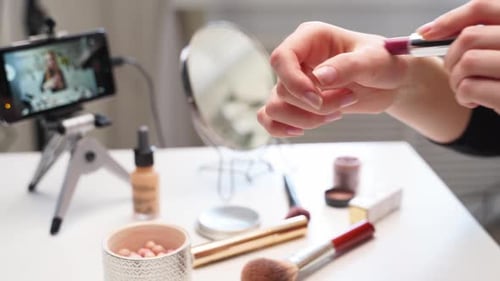 Vlogger Female Applies Lipstick on Lips Beauty Blogger Woman Filming Daily Makeup Routine Tutorial