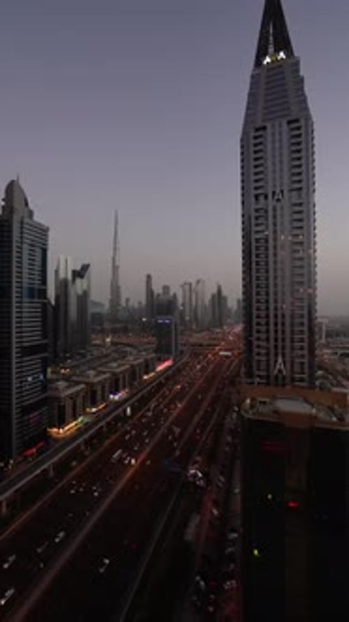 A view of the Dubai skyline with a crossroads. Dubai