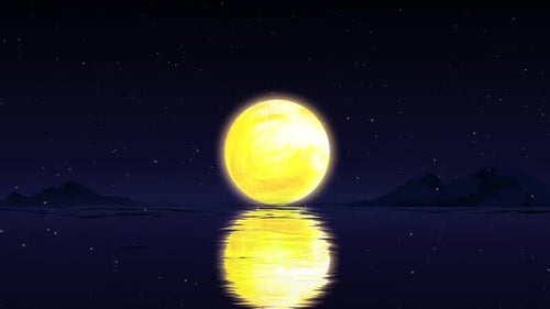 The full moon hangs over the night surface of the river.
