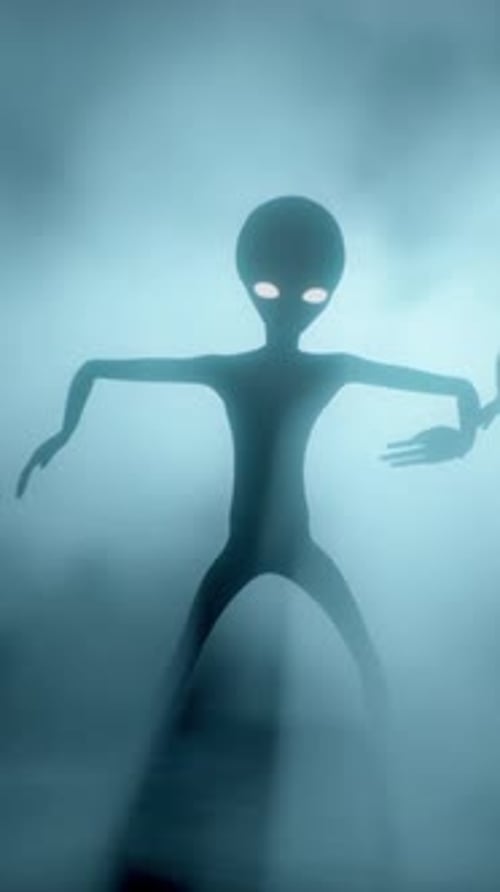 Gruselige graue Aliens tanzen auf einem dunklen rauchigen Hintergrund.