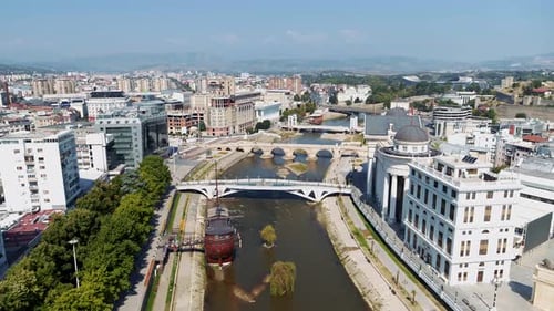 Aerial view of skopje macedonia,
drone shot . 4K. downtown.