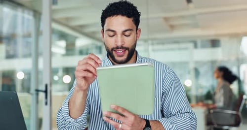 Tablet, stylus and thinking with business man in office for reading, manuscript editor or planning