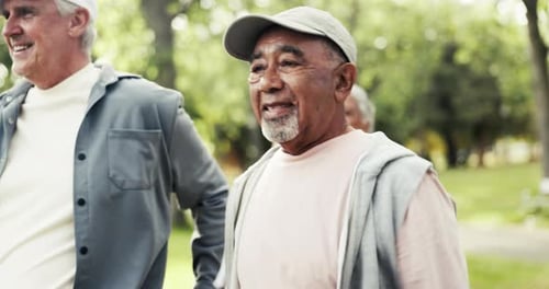 Fitness, nature and senior man with group in park for workout, health or wellness training
