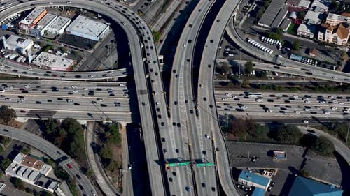 Aerial view of highway interchange, United States.