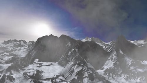 Aerial view over Snowy mountains range with sun behind,4K