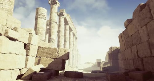 Ancient Ruins with Tall Stone Columns Under a Clear Blue Sky