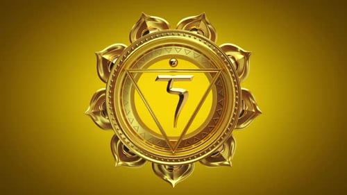 Chakra do plexo solar manipura 3D giratório, fundo amarelo esotérico em loop