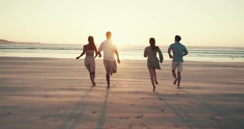 Running, friends and back of people on beach at sunset for holiday, summer vacation
