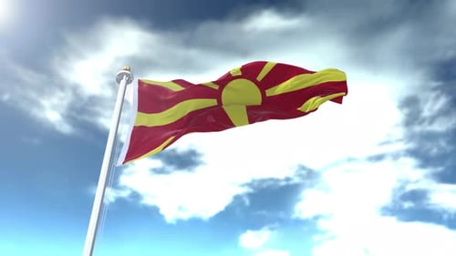 North Macedonia Flag Waving in Realistic Sky Animation