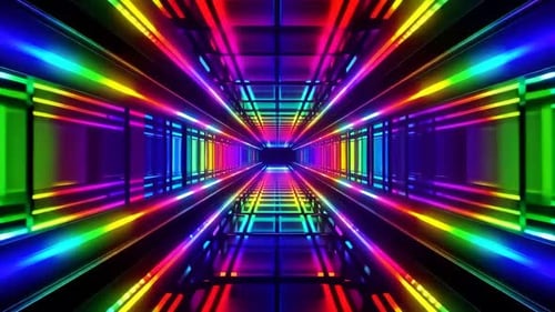 Boucle fluide d'un tunnel néon futuriste avec une pluie vibrante