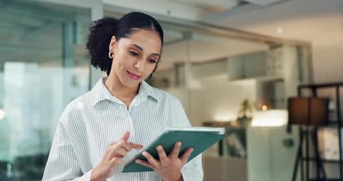 Woman, tablet and happy with typing at startup, checklist or notes for project management at media