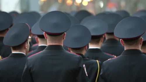 Many Policemen Marching Police Man Uniform Military Forces War Victory Parade