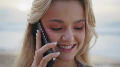 Portrait Coast Girl Calling Smartphone on Ocean Sunset Smiling Model Talk Cell
