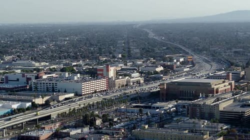 Los Angeles downtown skyline flyover at sunset by aerial drone beautiful California