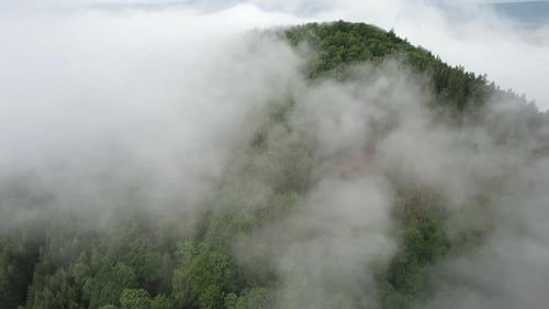 Aerial orbit over the summit of the mountain on a misty day - the forest is producing clouds by a na