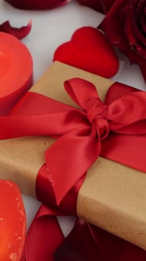 Gift and candles with red petals background dolly shot