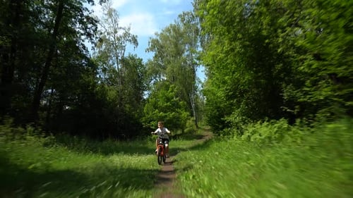 A child rides a bicycle along a trail in a forest park among trees