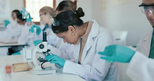 Students Use Microscopes and Test Tubes in Class