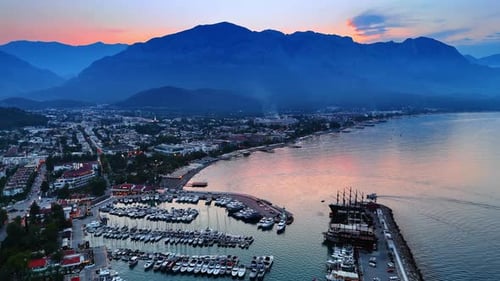 Developed touristic sea resort at the time of dusk.