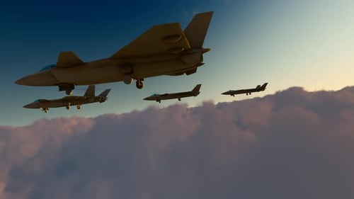 Modern Fighter Jets Flying in Formation Above Clouds