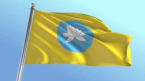 Realistic Waving Buddhist Flag with Lotus Flower Symbol