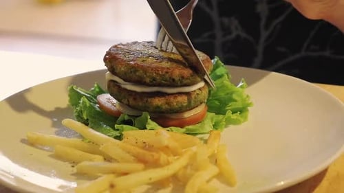Vegetarian Burger with Fries on a Plate