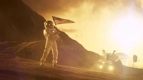 Astronaut Plants American Flag on Red Planet Surface