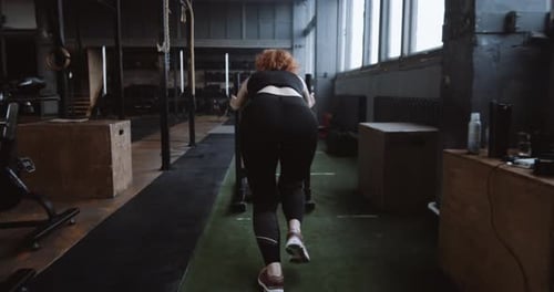 Concept of Motivation Camera Follows Young Athletic Red Haired Woman Exercising with Training Sled