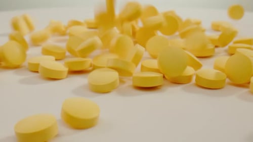 Pills and Vitamins Macro Close Up View of Womans Hands Holding Plenty of Different Drugs Painkillers
