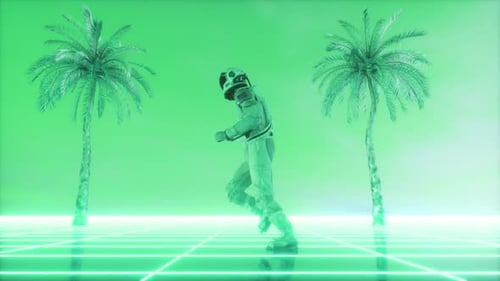 Fond Synthwave d'un astronaute en train de courir contre des palmiers