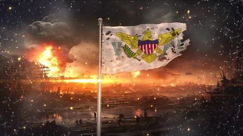 Virgin Islands Us flag waving in war torn and damaged