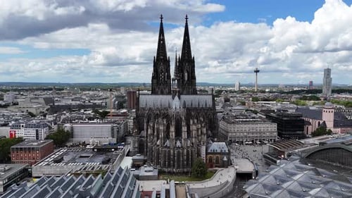 Aerial rear shot of Cologne Cathedral in Cologne city (Koln), Germany